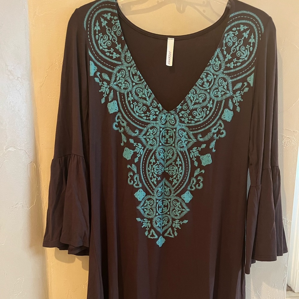 Boutique Balloon Bell Sleeve Dress 3/4 Sleeves L Large Brown Turquoise